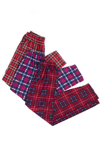 CHC Chocho Women's Plaid Patterned Ribbon 3-Piece Combed Cotton Pajama Set