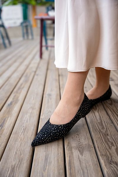 LAMİNTA Castle Black Suede Galaxy Gold Detailed Suede Women's Ballerinas