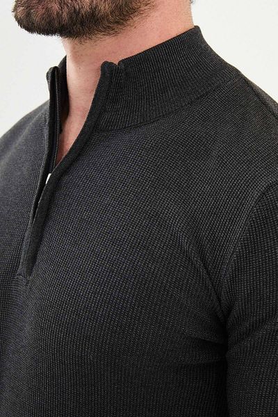 Mcr Textured Anthracite Slim Fit Zippered Half Turtleneck Men's Knitwear Sweater