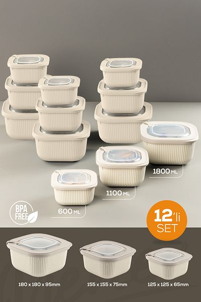 Vienev Beige Color 12-Piece 4X(600-1100-1800 ml) Special Storage Container Set with Vip Lids Suitable for Microwave and Freeze