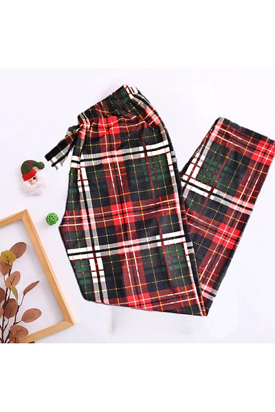Eldemir Women's Red Plaid Printed Soft Silky Textured Elastic Waist Pajama Bottoms