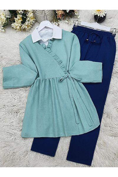 Modamorfo Linen Kimono with Side Double Laces and Ruffled Collar -Mint