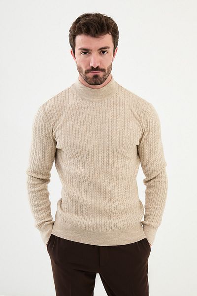 Mcr Patterned Slim Fit Half Turtleneck Men's Knitwear Sweater Beige - 11503.24K