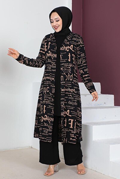 Genel Markalar Yazılı 3 Lü Tesettür Takım SİYAH TABA