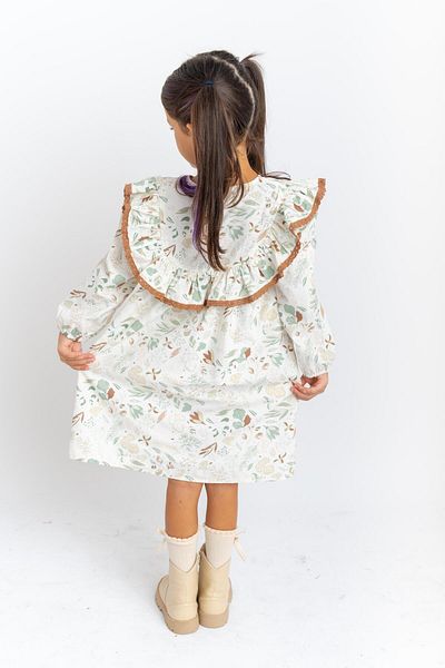 Cigit 2-7 Years Ecru Print Poplin Dress - Ruffle and Lace