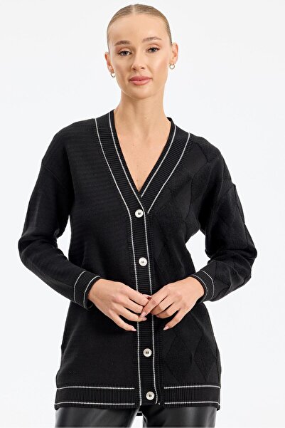 Tığ Triko Baklava Deseni Havlu Örgülü Triko Hırka SİYAH