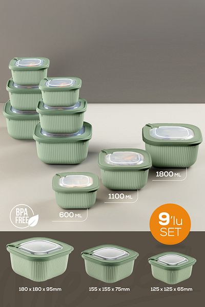 Vienev 9-Piece 3X(600-1100-1800 ml) Special Storage Containers Set with Vip Lid Suitable for Microwave and Freeze Green