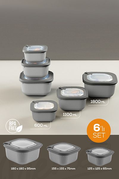 Vienev Anthracite 6-Piece Vip Special Storage Container Set with Lids - 600-1100-1800 ml Suitable for Microwave and Freeze
