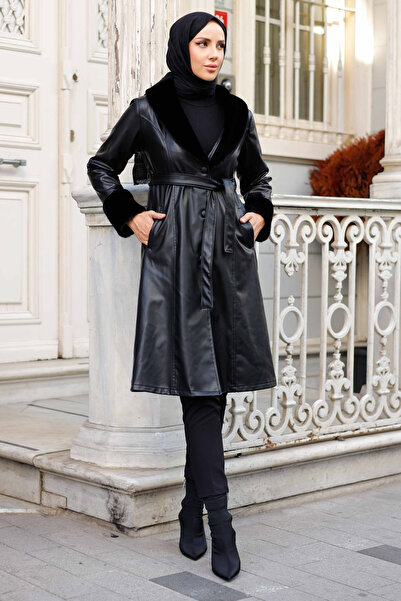 Pamuk Butik Women's Lined Fur Collar Leather Trench Coat