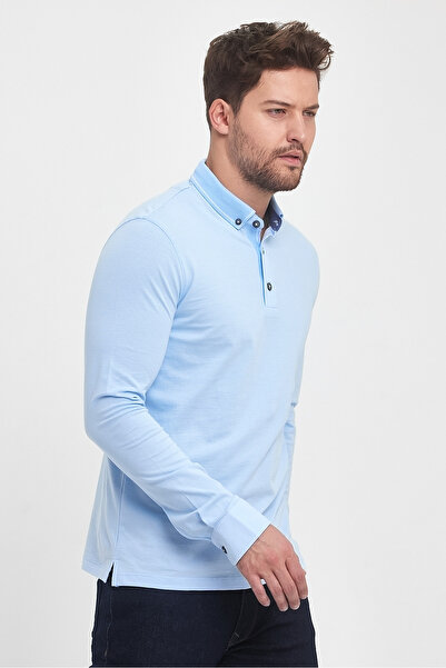 ENQUE Ανδρικό μακρύ γιακά πόλο Winter Basic γαλάζιο φούτερ