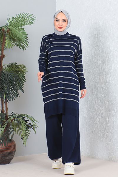 MODAQU Σετ πλεκτό με ριγέ τουνίκ και παντελόνι Navy Blue Glitter