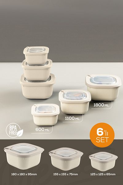 Vienev Beige 6-Piece Vip Lid Special Storage Set Suitable for Microwave and Freeze - 600-1100-1800 ml