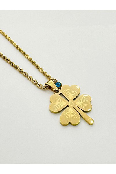 Ehlikeyif Twist Chain Stainless Steel 4 Leaf Clover Necklace with Evil Eye 45 cm