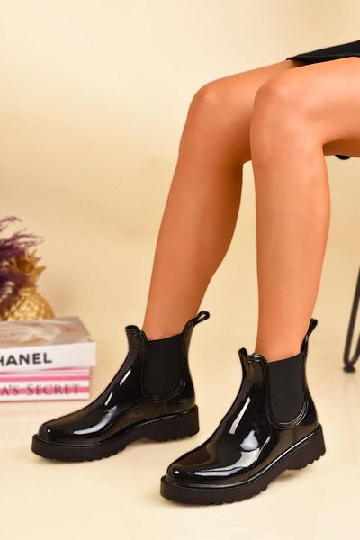 Peta Women's Black Patent Leather Elastic Rain Boots