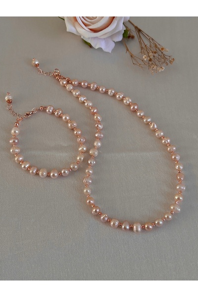 Zokak Sertifikalı Doğal Taş Gerçek Pembe Inci set, Gerçek Pembe Inci Kolye
