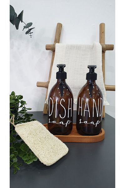 PITRAK 2-Piece 500 ml Amber Glass Liquid Soap - Bottle with Wooden Stand and Pumpkin Fiber Sponge Kitchen Soap Dispenser