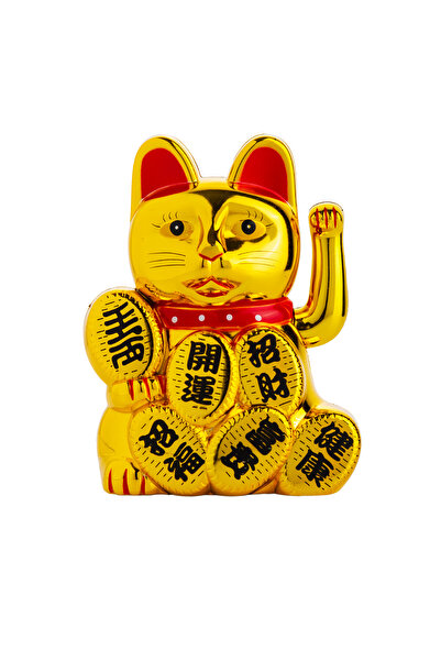 LUCKY CAT Şans Kedisi Sallanan Pati Pilli - Sembollü Parlak Altın 8.3cm X 6.9...