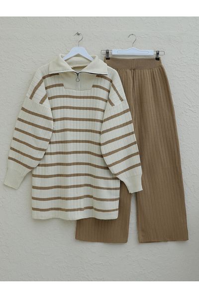 Modamorfo Mink Colored Striped Zippered Knitwear Set