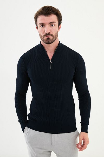Mcr Textured Slim Fit Zippered Half Turtleneck Men's Knitwear Sweater Navy Blue - 11509.24K
