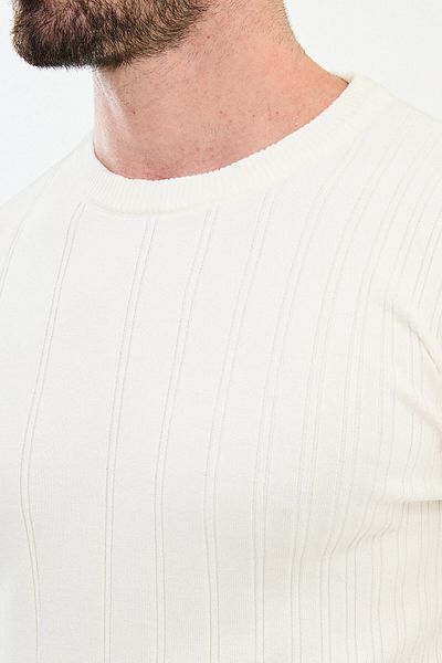 Mcr Striped Ecru Slim Fit Crew Neck Men's Knitwear Sweater