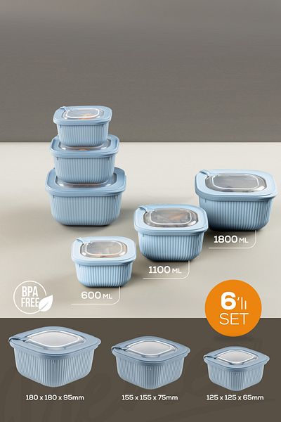 Vienev 6-Piece Blue Special Storage Set with Vip Lids Suitable for Microwave and Freeze - 600-1100-1800 ml