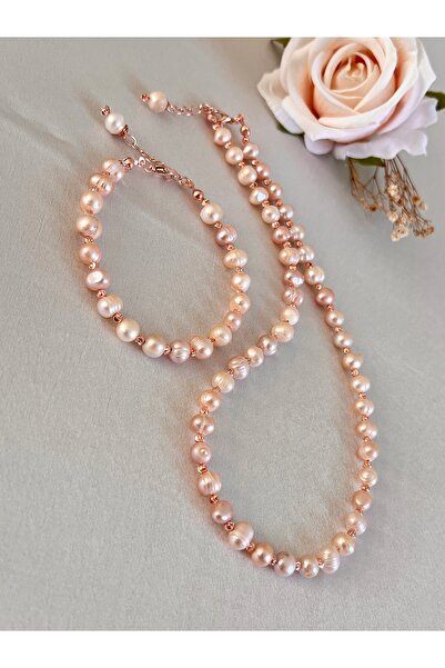 Zokak Sertifikalı Doğal Taş Gerçek Pembe Inci set, Gerçek Pembe Inci Kolye