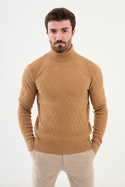 Mcr Patterned Slim Fit Full Turtleneck Men's Knitwear Sweater Camel - 11502.24K