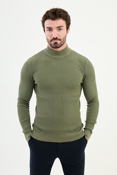 Mcr Striped Slim Fit Half Turtleneck Men's Knitwear Sweater Khaki - 11504.24K