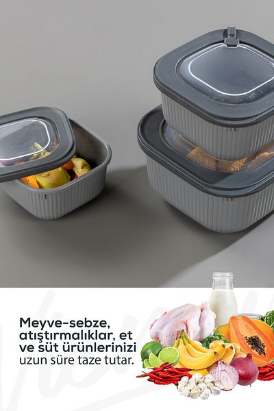Vienev Anthracite 6-Piece Vip Special Storage Container Set with Lids - 600-1100-1800 ml Suitable for Microwave and Freeze