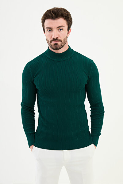 Mcr Çizgili Slim Fit Yarım Balıkçı Yaka Erkek Triko Kazak Zümrüt - 11504.24K