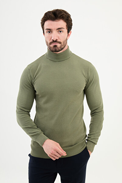Mcr Dokulu Slim Fit Yarım Balıkçı Yaka Erkek Triko Kazak Haki - 11500.24K