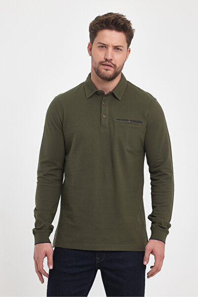 ENQUE Ανδρικό μακρύ βασικό πόλο γιακά μασίφ χακί φούτερ με τσέπες