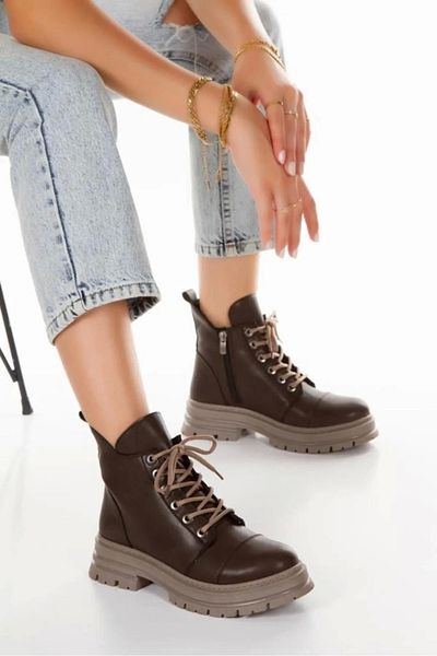 MFT AYAKKABI Καφέ Γυναικείες Μπότες - Flat Heel, φερμουάρ και κορδόνια