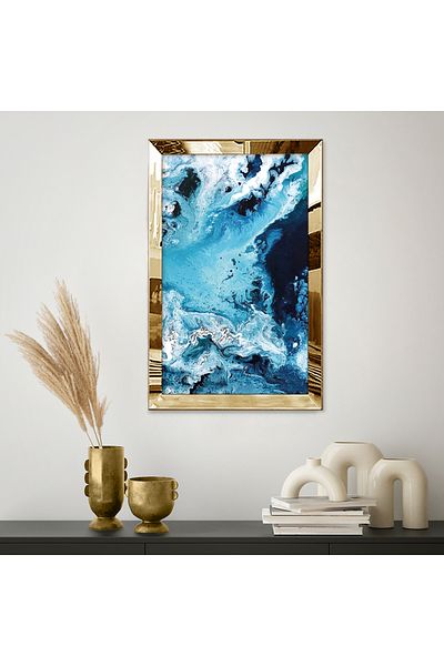 Zevahir Mobilya Dekorasyon Κυματιστό Ocean Blue White Pattern Landscape Μονό Τραπέζι MDF με χρυσό καθρέφτη από πλεξιγκλάς