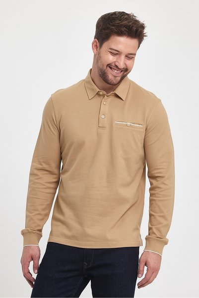 ENQUE Men's Long Basic Polo Neck Plain Beige Sweatshirt with Pockets