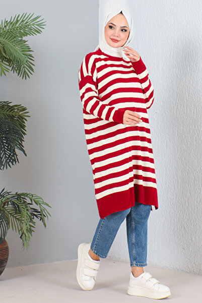 MODAQU Long Knitwear Tunic - Red Stripe