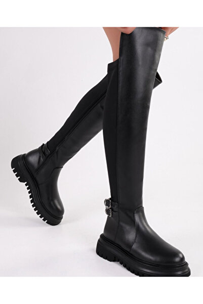 MYVOLANTE Siyah Dalgıç Kumaş Diz Üstü Uzun Çizme