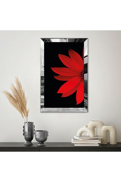 Zevahir Mobilya Dekorasyon Masă MDF roșie cu jumătate de floare cu cadru din plexiglas cu oglindă argintie