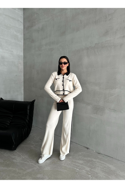 Laluvia Ecru Classy Polo gallér kontrasztos csíkos kötöttáru szett