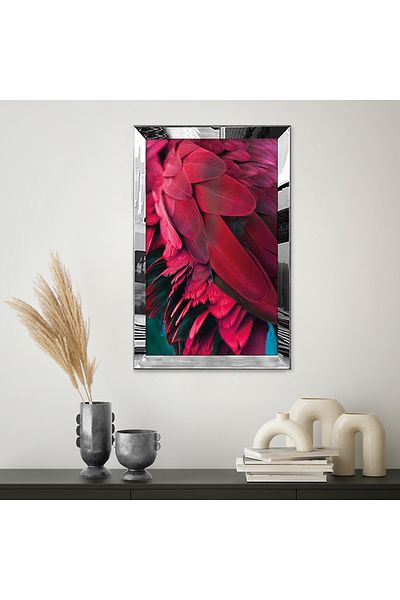 Zevahir Mobilya Dekorasyon Masa MDF simpla cu frunze de flori rosii cu rama din plexiglas cu oglinda argintie