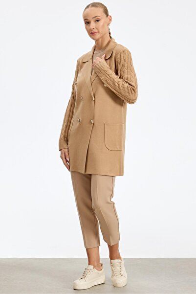 Tığ Triko Kolları Saç Örgülü Triko Blazer Ceket CAMEL