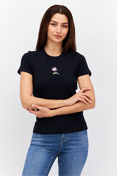 Esprit تي شيرت نسائي بطبعة جرافيكية وأكمام قصيرة ورقبة دائرية، أزرق داكن