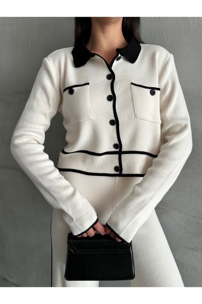 Laluvia Ecru Classy Polo gallér kontrasztos csíkos kötöttáru szett