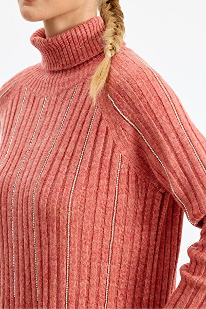 Tığ Triko Reglan Kollu Fitilli Triko Tunik GÜL KURUSU