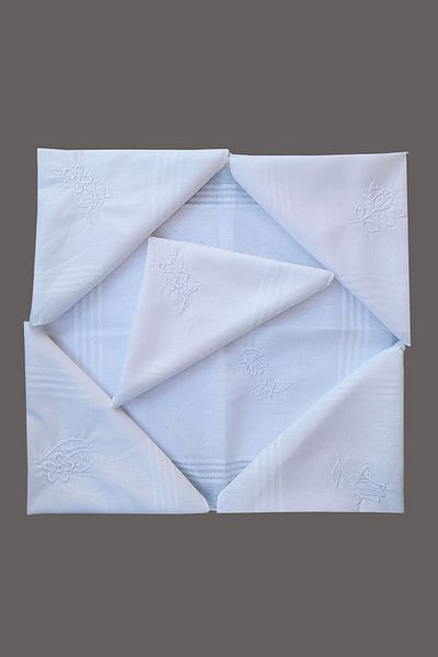 Hepsine Rakip Set of 6 White Floral Embroidered Handkerchiefs 28X28 cm 100% Cotton