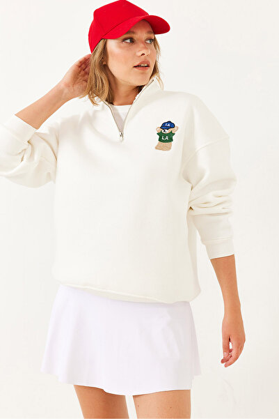 Bianco Lucci Kadın Şardonlu Yarım Fermuarlı Nakış Detaylı Sweatshirt 60251855