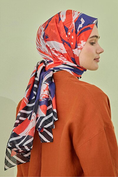 AMİNENESİL Cardion Cotton Silk Shawl Navy Blue Red Color