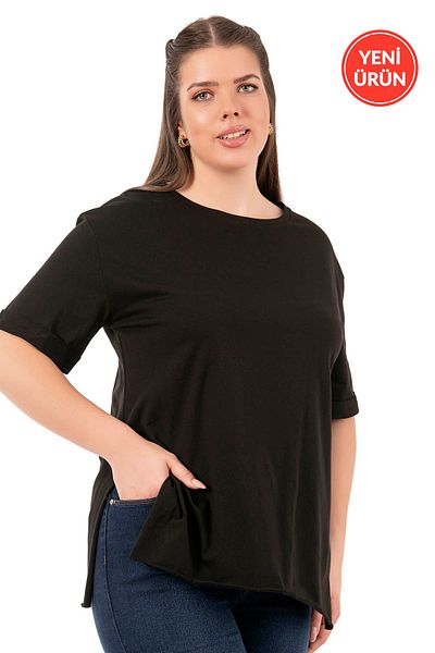 ÖZKAN underwear Özkan 27071 - 100% Cotton Flexible and Comfortable Women's Premium, Round Neck and Split Large Size Short Sleeve