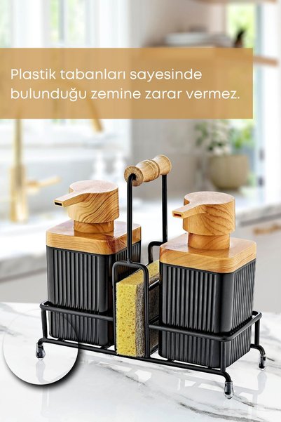 grimorlife Mimoza Metal Standlı Ahşap Detaylı Bulaşık Deterjanı Ve Sıvı Sabunluk Mutfak Seti-sünger Hediyeli