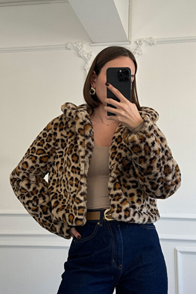 MAGARDE CAMEL - Palton de blană premium cu imprimeu leopard